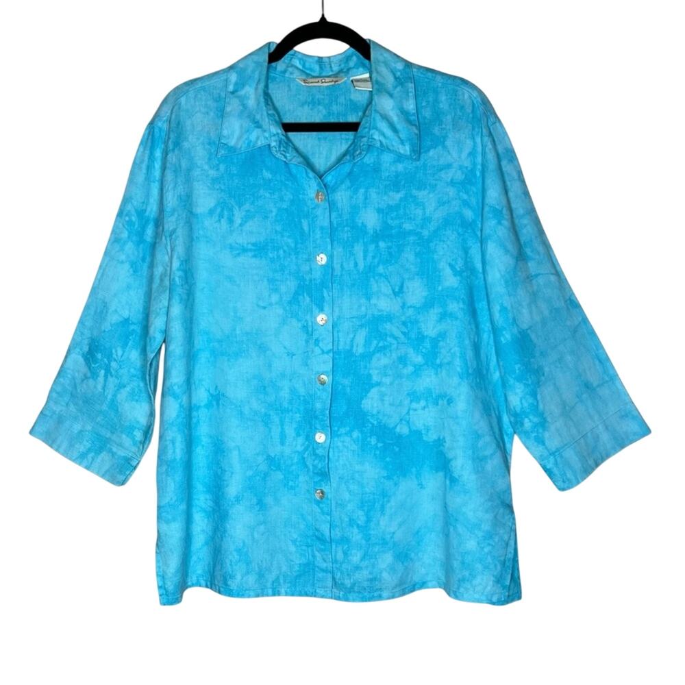 French Laundry Linen Shirt L Blue Splatter Button Down Beachy Lagenlook Coastal